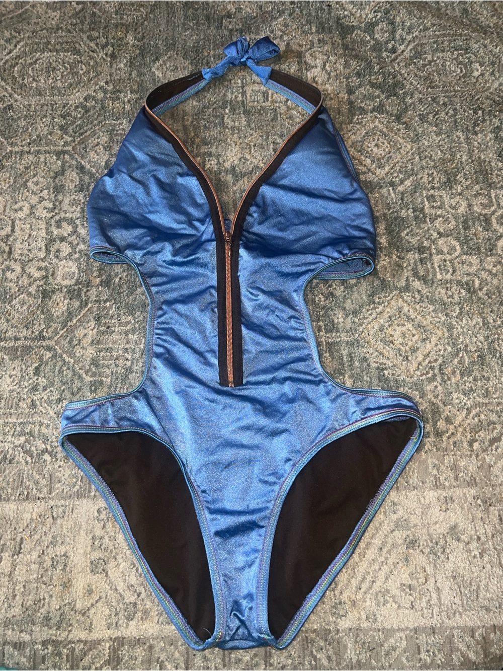 Kenneth Cole Shimmery Blue Halter Cutout One-Piece Swimsuit with Front Zip